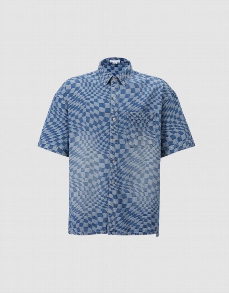 Urban Revivo Checkered Denim Men\'s Shirts Blue | TVOMDNA-92