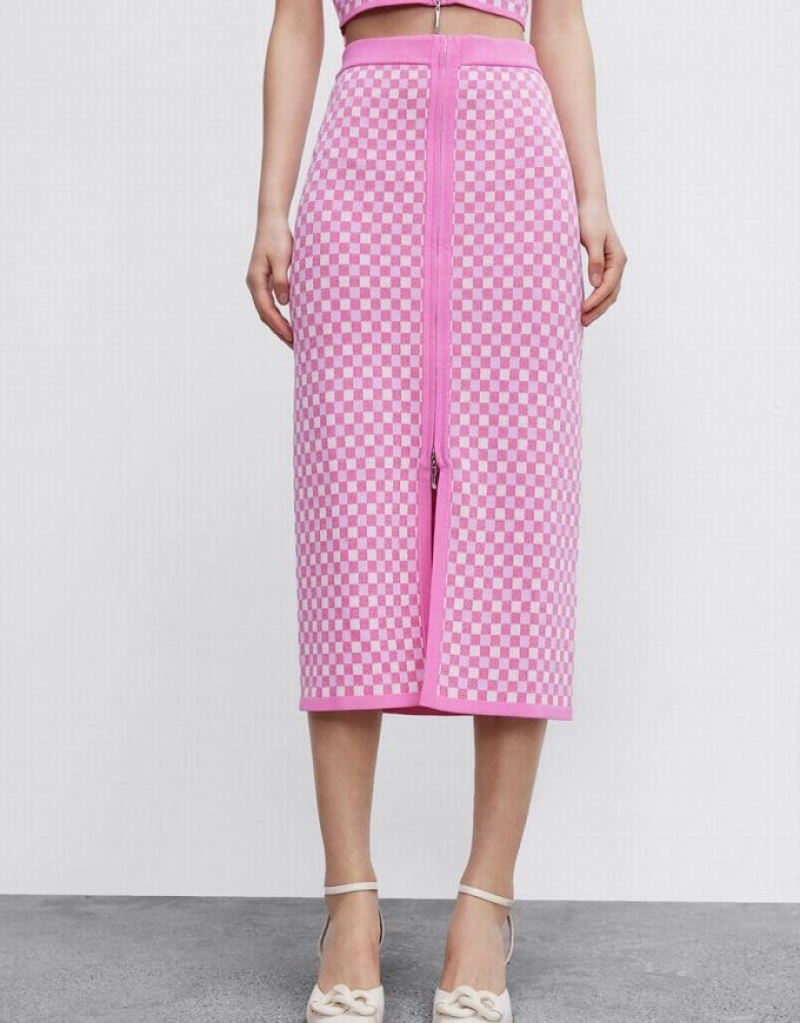 Urban Revivo Checkered Midi Straight Knitted Women's Skirts Pink | MXNJOWS-97