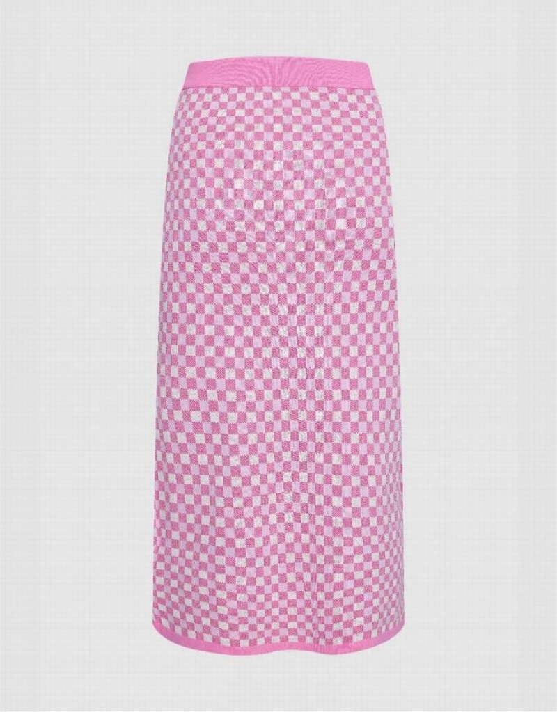 Urban Revivo Checkered Midi Straight Knitted Women's Skirts Pink | MXNJOWS-97