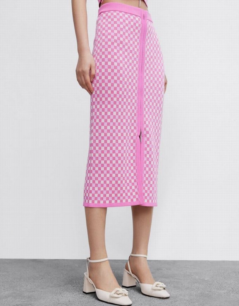 Urban Revivo Checkered Midi Straight Knitted Women's Skirts Pink | MXNJOWS-97