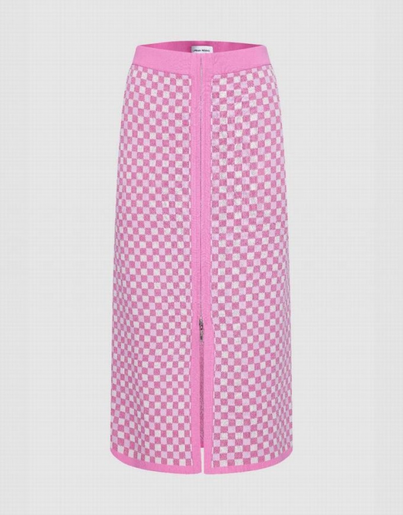 Urban Revivo Checkered Midi Straight Knitted Women\'s Skirts Pink | MXNJOWS-97