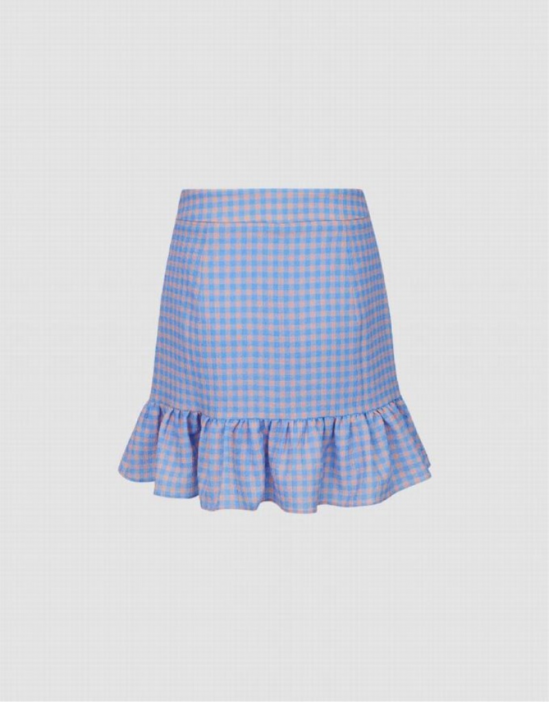 Urban Revivo Checkered Mini A-Line Women's Skirts Blue | TLHXFVG-64