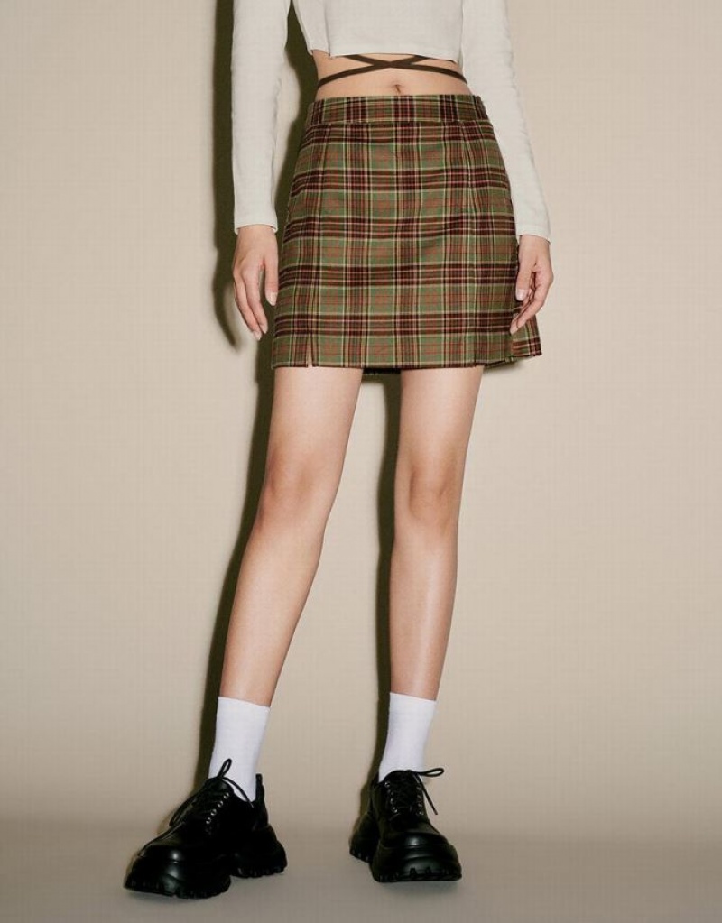 Urban Revivo Checkered Mini A-Line Women's Skirts Green | OUNWAMG-69