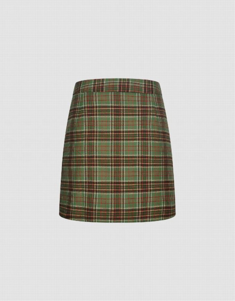 Urban Revivo Checkered Mini A-Line Women's Skirts Green | OUNWAMG-69