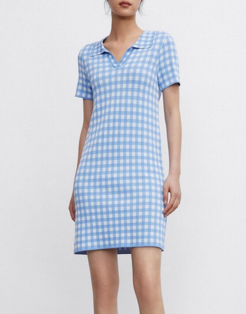 Urban Revivo Checkered Mini Women's Knitted Dress Blue | ZUSJKCY-84