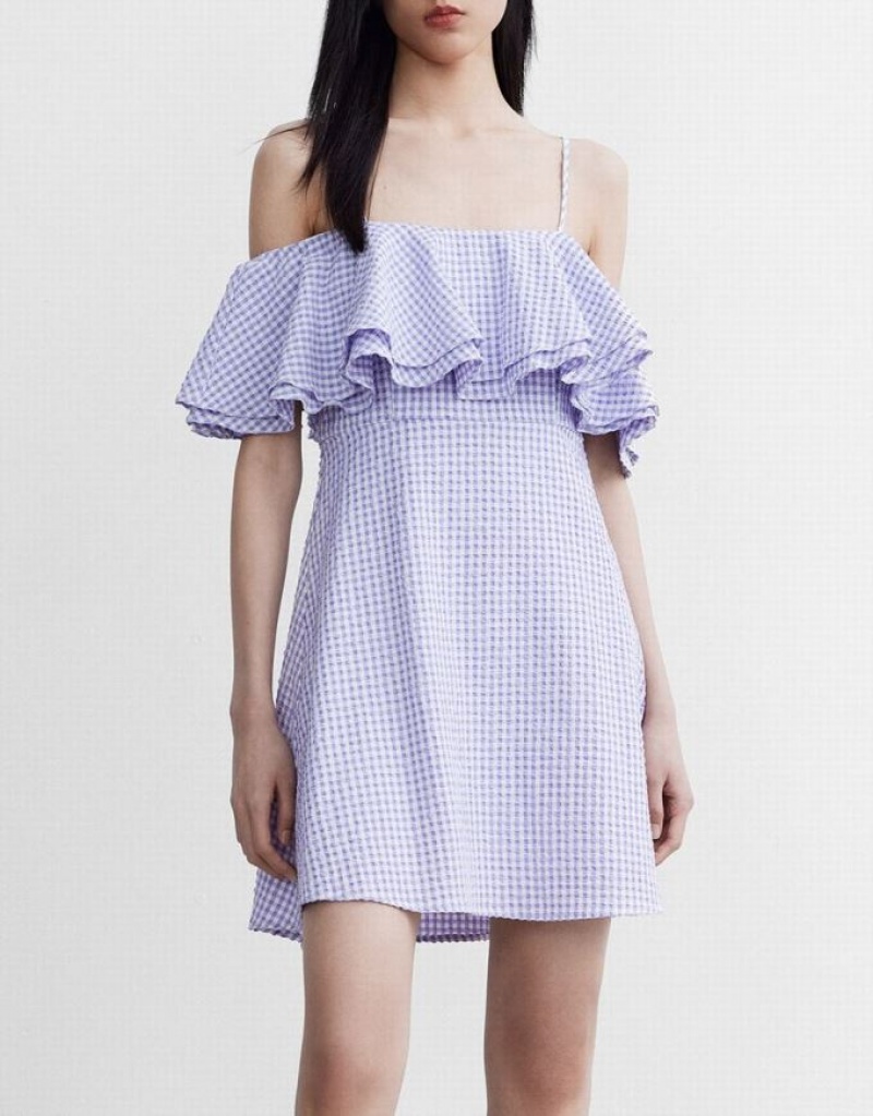 Urban Revivo Checkered Ruffle Cami Women's Dress Purple | IPNBWUL-13