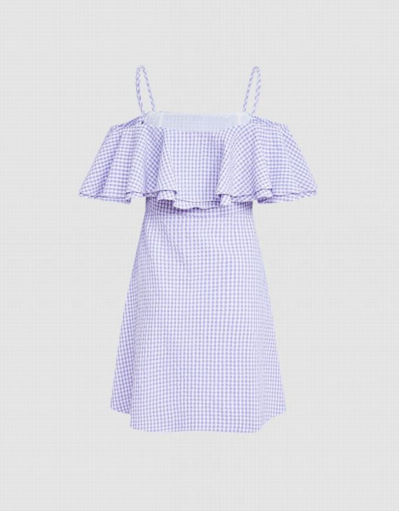 Urban Revivo Checkered Ruffle Cami Women's Dress Purple | IPNBWUL-13