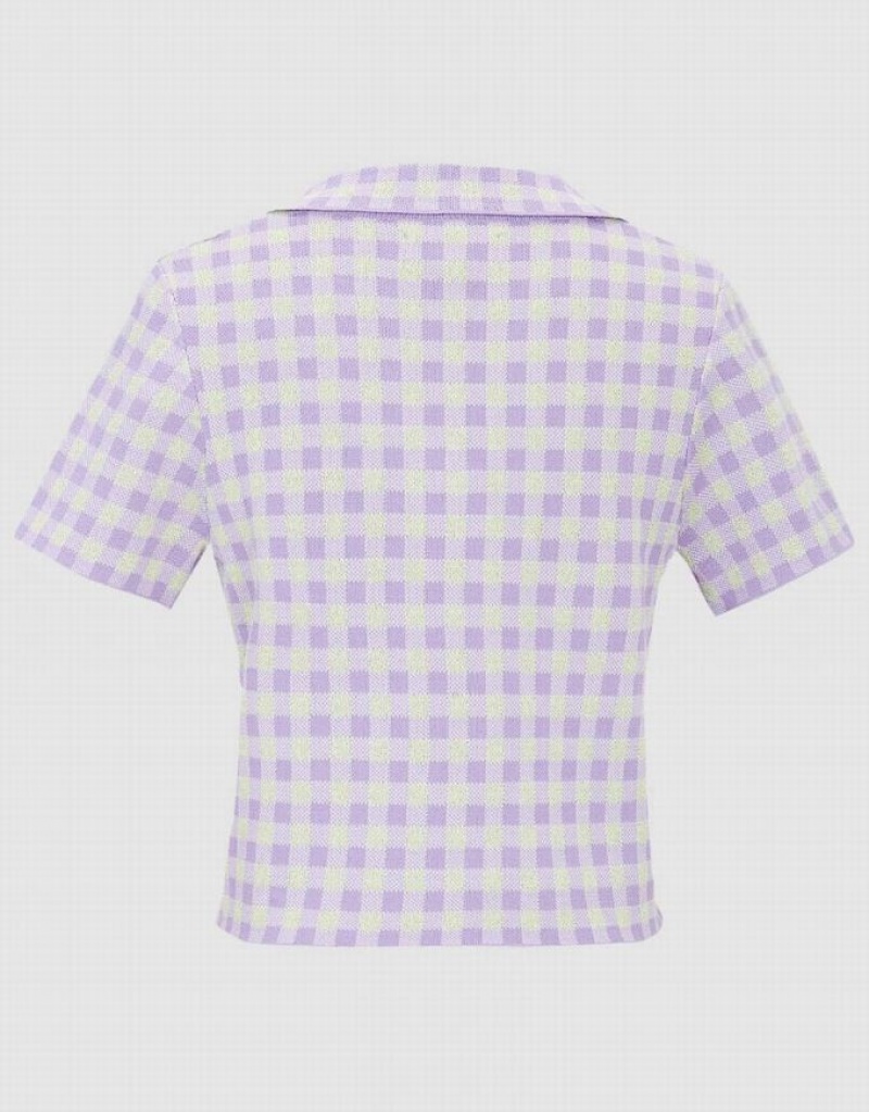 Urban Revivo Checkered Short Sleeve Knitted Top Women's Cardigan Purple | ZMDXJEU-42