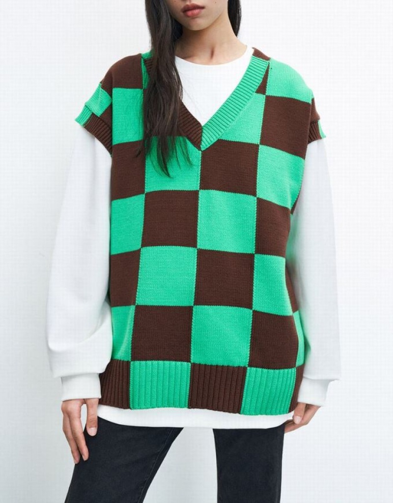 Urban Revivo Checkered Women's Sweater Vest Green / Brown | ILRUTQK-43