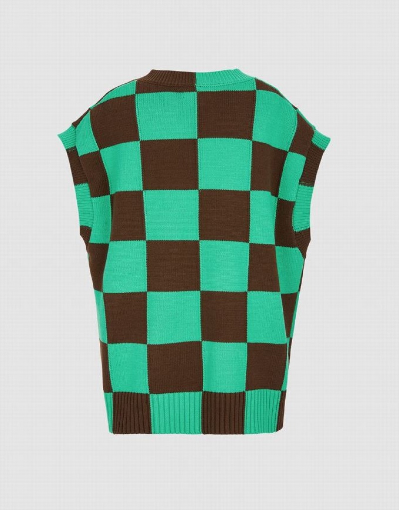 Urban Revivo Checkered Women's Sweater Vest Green / Brown | ILRUTQK-43