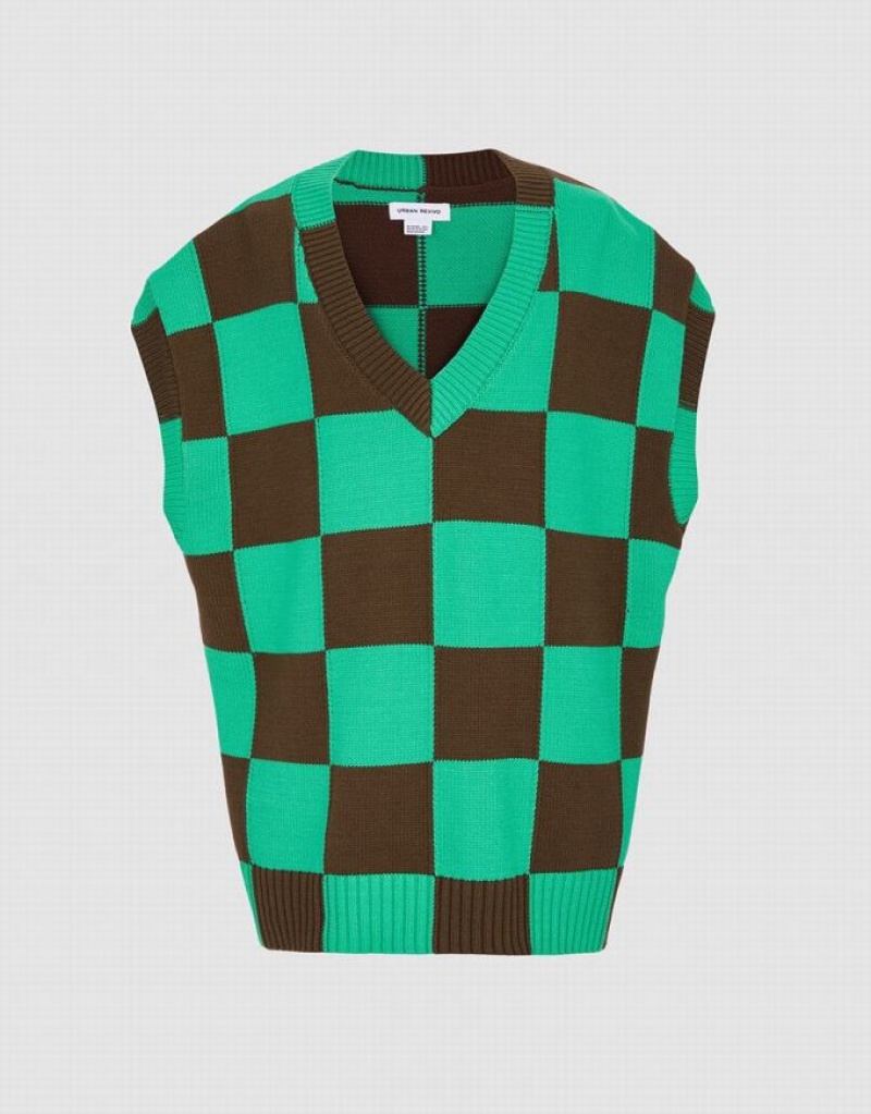 Urban Revivo Checkered Women\'s Sweater Vest Green / Brown | ILRUTQK-43