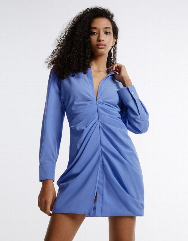 Urban Revivo Chiffon Ruched Women\'s Shirt Dress Blue | WPVRZCM-24