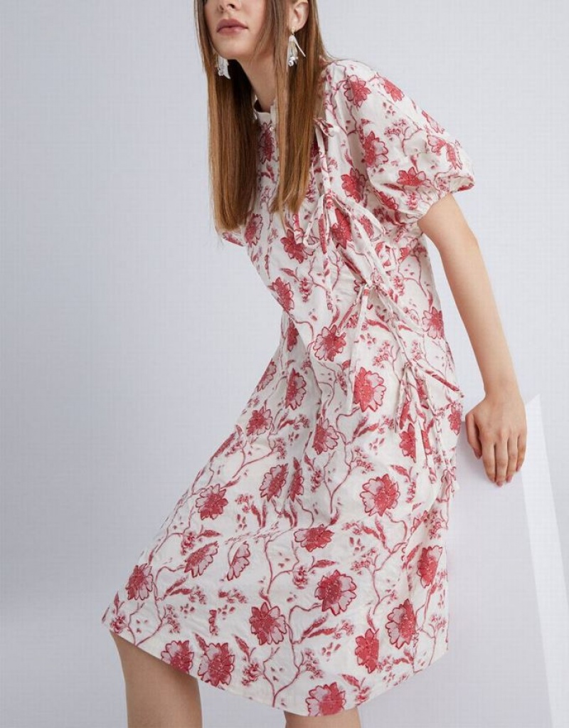 Urban Revivo Chinese Style Floral Print Puff Sleeve Women's Casual Dress White | QKEHNJW-91