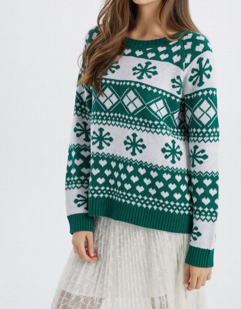 Urban Revivo Christmas Snowflake Crew Neck Holiday Women's Sweaters Green | MBXVCUO-76