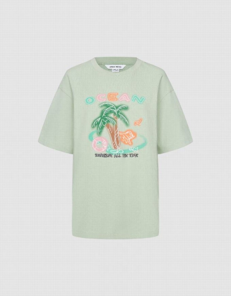 Urban Revivo Coconut Tree Printed Crew Neck Women's T-Shirts Mint | KRPUFXT-10