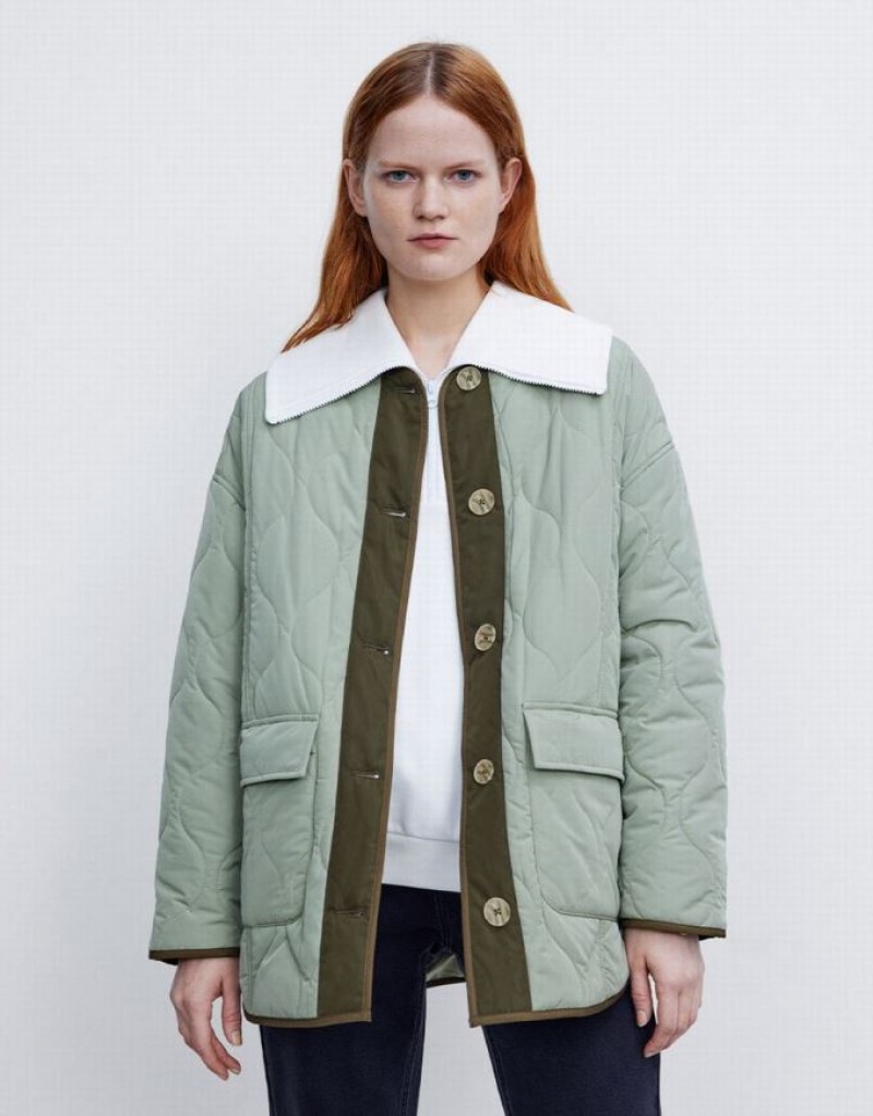 Urban Revivo Combination Quilted Women's Puffer Jacket Green | MGJUFPB-62