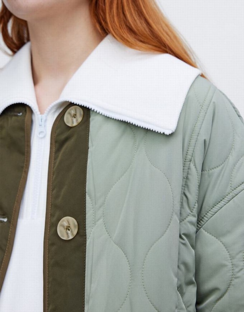 Urban Revivo Combination Quilted Women's Puffer Jacket Green | MGJUFPB-62