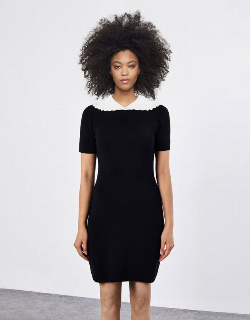 Urban Revivo Contrast Collar Women's Knitted Dress Black | LUYGNRF-73