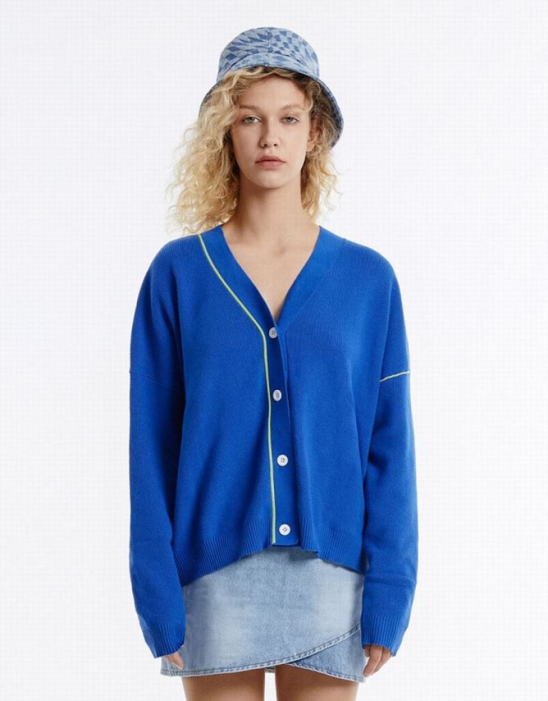 Urban Revivo Contrast Stitch Women's Cardigan Blue | WXCHGIZ-47