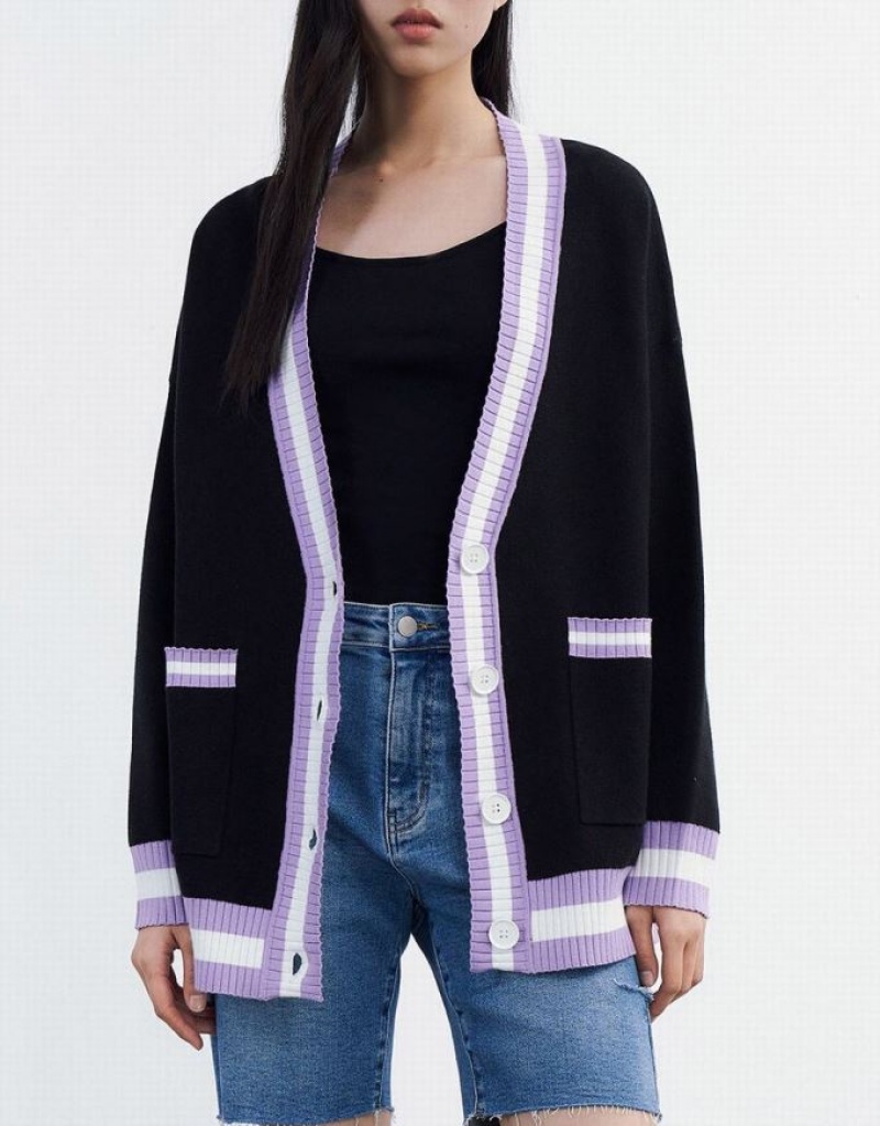 Urban Revivo Contrast Trim Button Up Women's Cardigan Black | ZYBWOSX-07