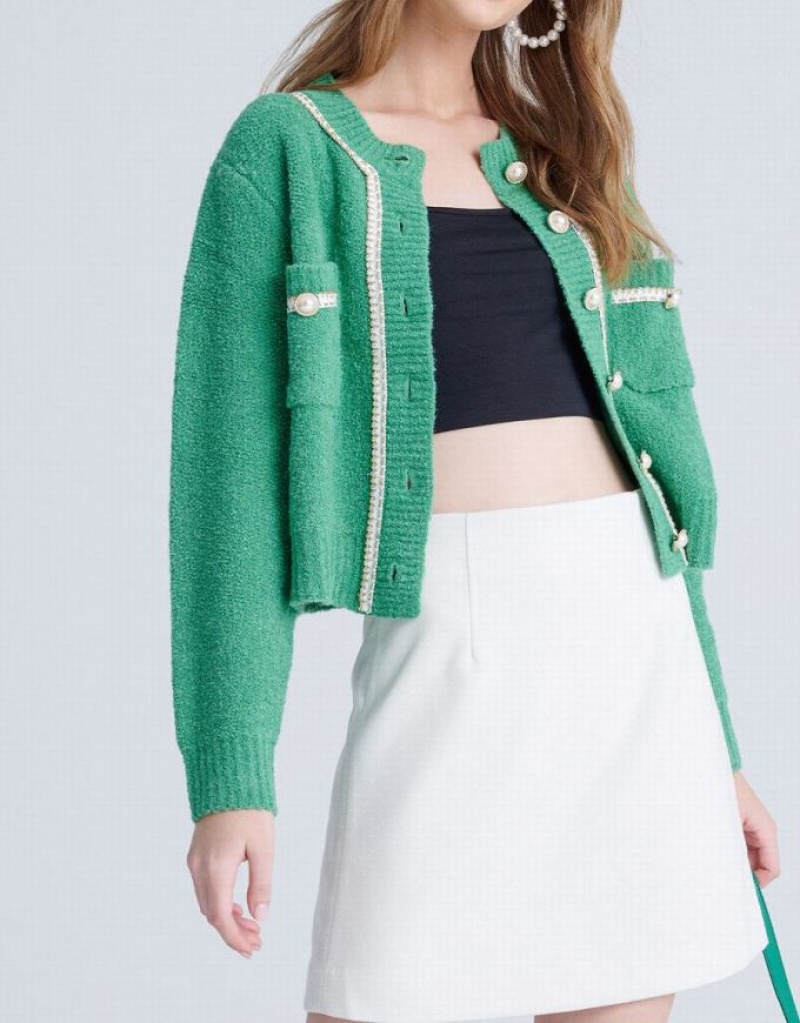 Urban Revivo Contrast Trim Faux Pearl Button Women's Cardigan Green | ZGJTSME-86