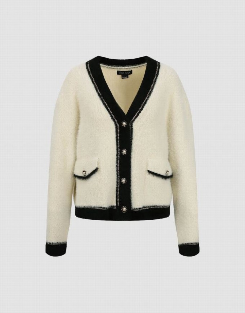 Urban Revivo Contrast Trim Furry V-Neck Knitted Women's Cardigan Beige | CXMWORS-12