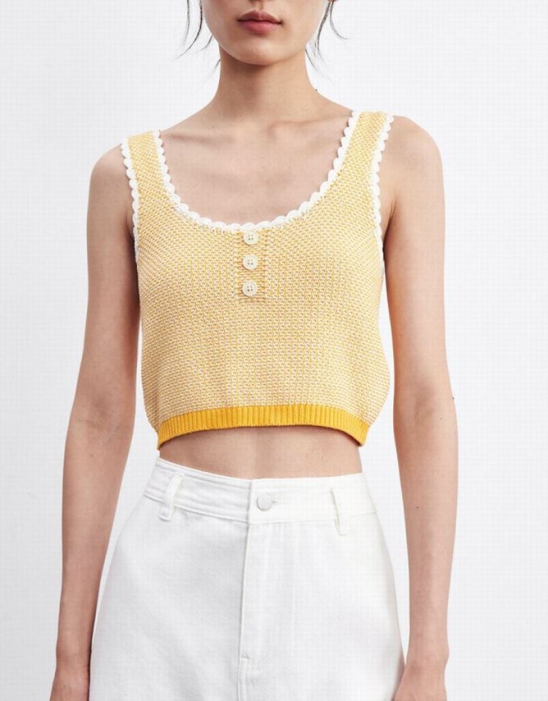 Urban Revivo Contrast Trim Half Button Knitted Women's Tank Top Yellow | QELXUWS-56