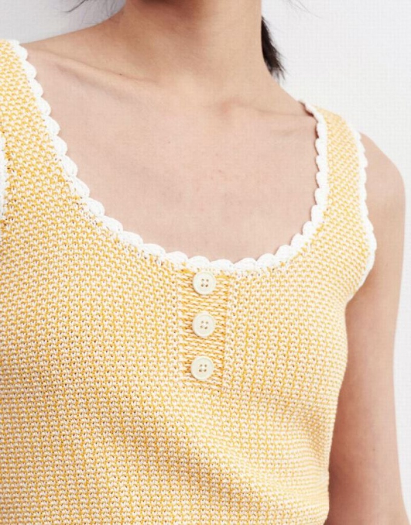 Urban Revivo Contrast Trim Half Button Knitted Women's Tank Top Yellow | QELXUWS-56