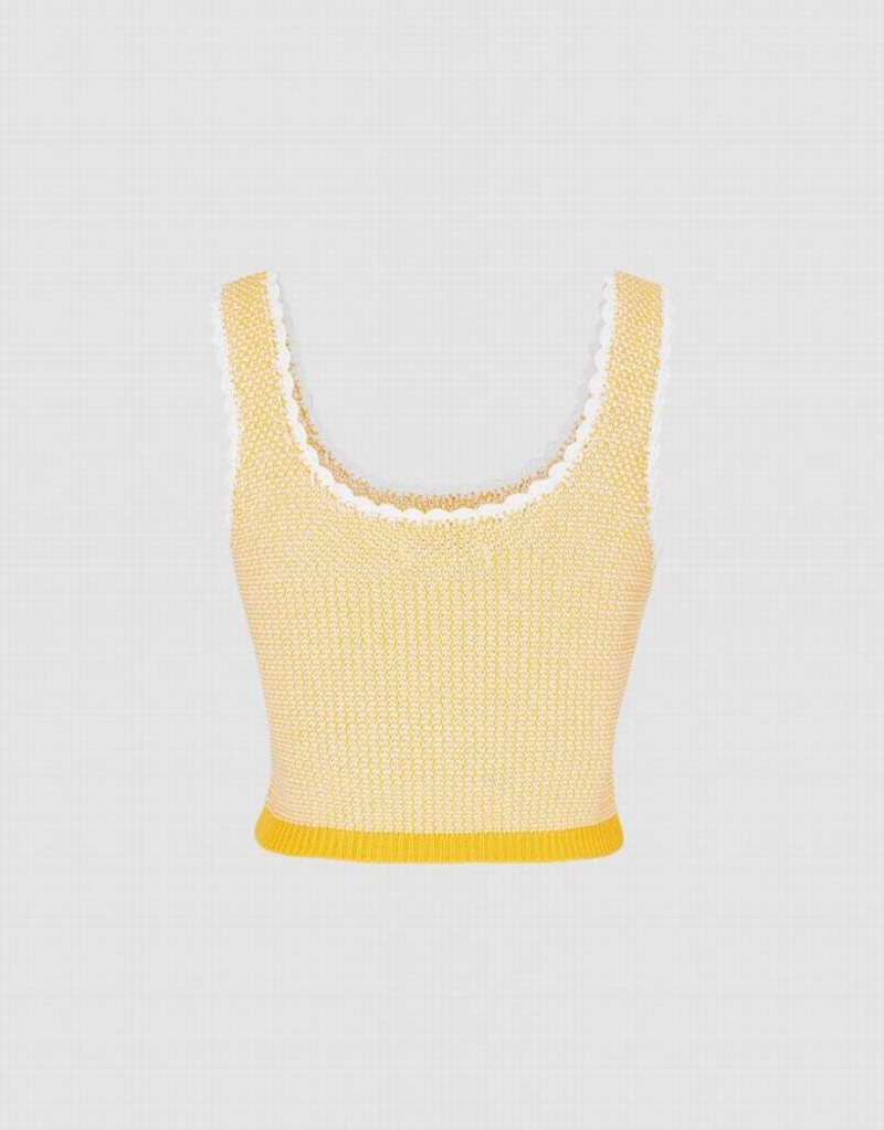 Urban Revivo Contrast Trim Half Button Knitted Women's Tank Top Yellow | QELXUWS-56