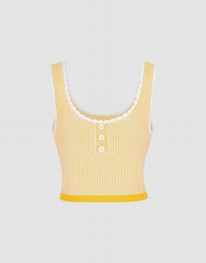 Urban Revivo Contrast Trim Half Button Knitted Women\'s Tank Top Yellow | QELXUWS-56