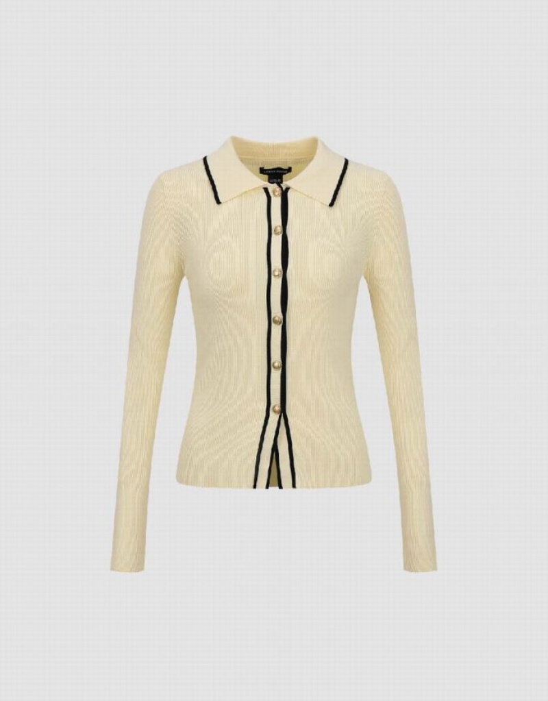 Urban Revivo Contrast Trim Knitted Women's Cardigan Beige | XSGWRUJ-53