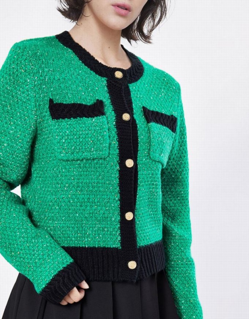 Urban Revivo Contrast Trim Patched Pocket Women's Cardigan Green | DCWKTME-38