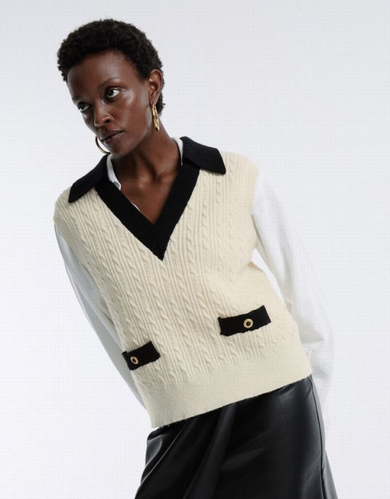 Urban Revivo Contrast Trim Women's Sweaters White | HUSEGJO-87