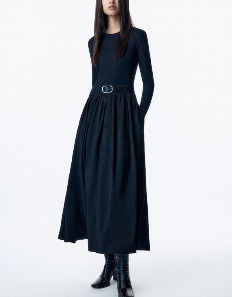 Urban Revivo Crew Neck A-Line With Belt Women's Dress Black | IYHDUCJ-08