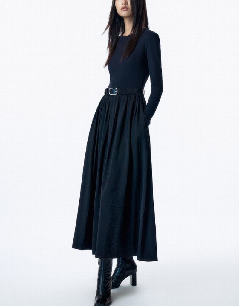 Urban Revivo Crew Neck A-Line With Belt Women's Dress Black | IYHDUCJ-08