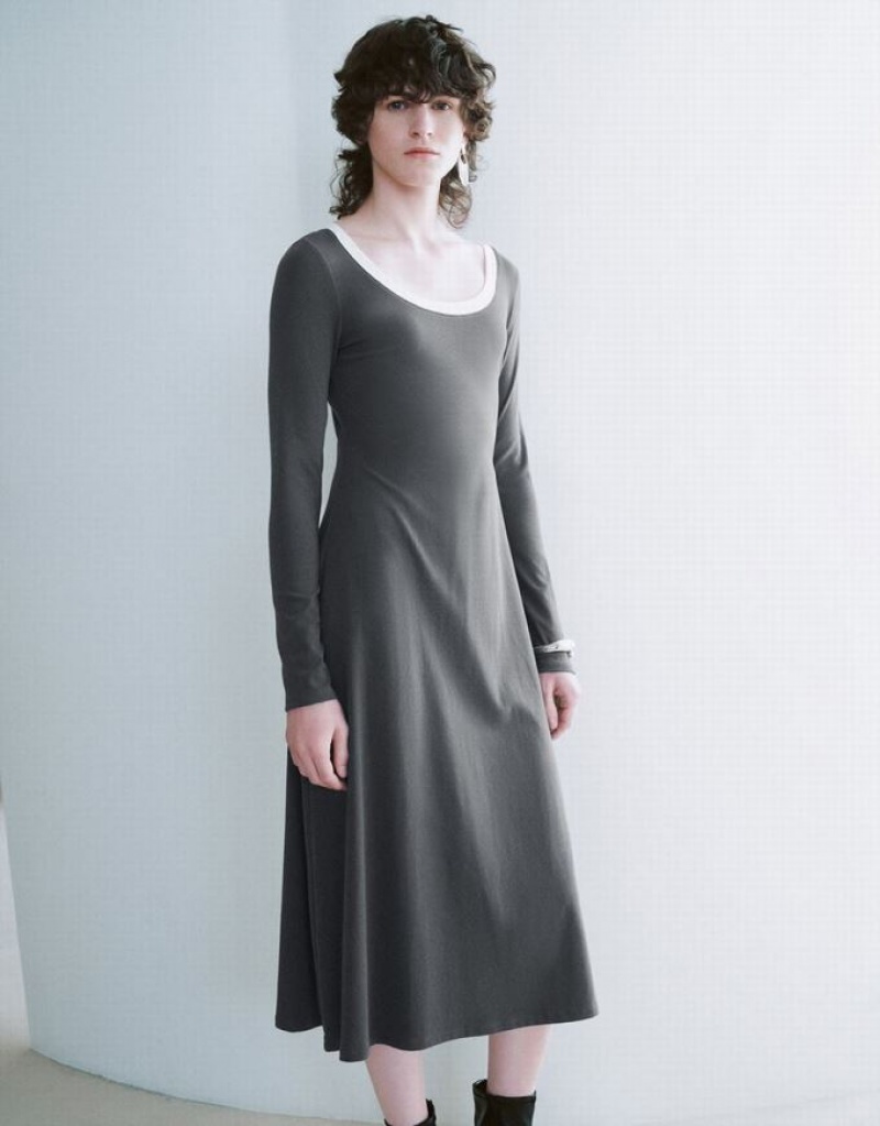 Urban Revivo Crew Neck A-Line Women's Dress Grey | KQSHYGA-91