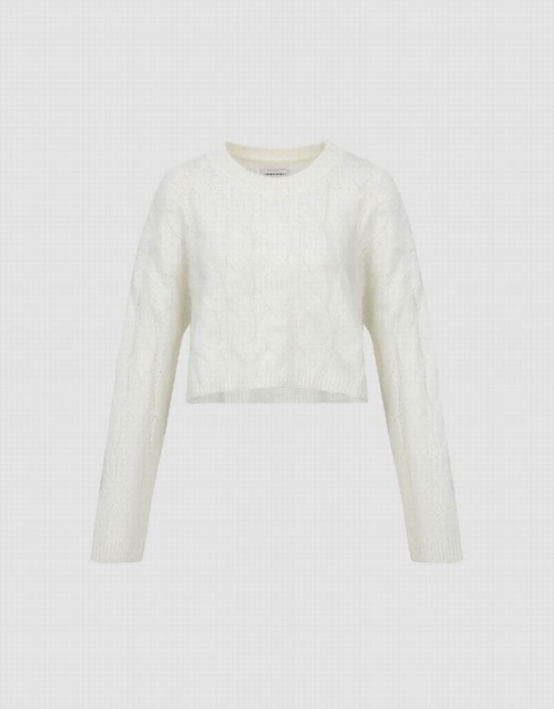 Urban Revivo Crew Neck Cable Knitted Women's Cardigan White | APSHEXI-35