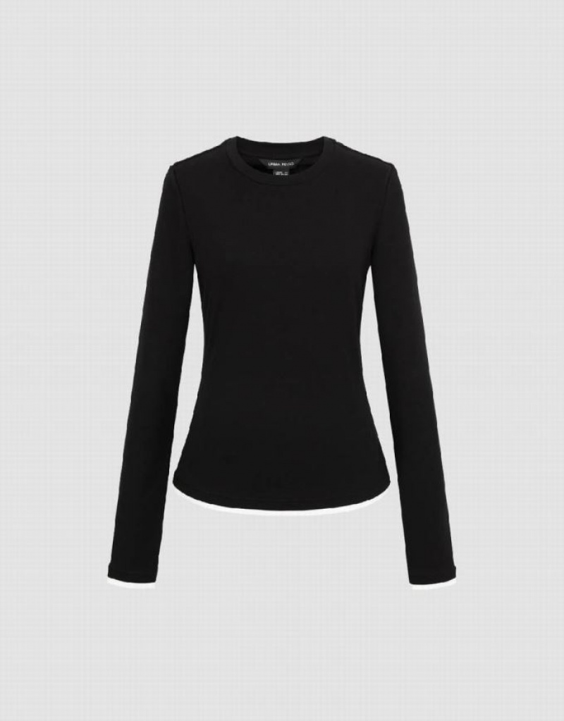 Urban Revivo Crew Neck Knitted Skinny Women's T-Shirts Black | VOSNLZY-01