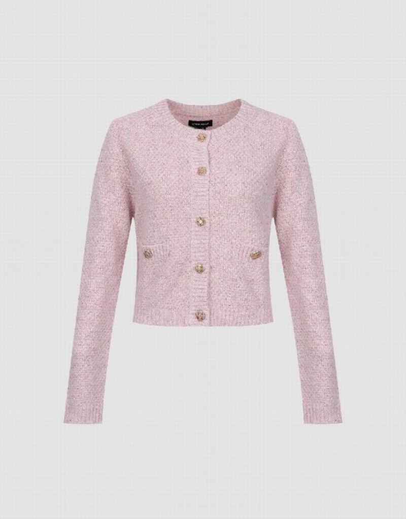 Urban Revivo Crew Neck Knitted With Fake Pockets Women's Cardigan Pink | HABLNET-61