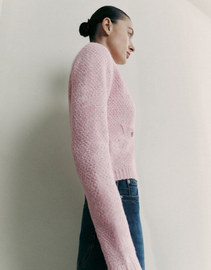 Urban Revivo Crew Neck Knitted With Fake Pockets Women's Cardigan Pink | HABLNET-61