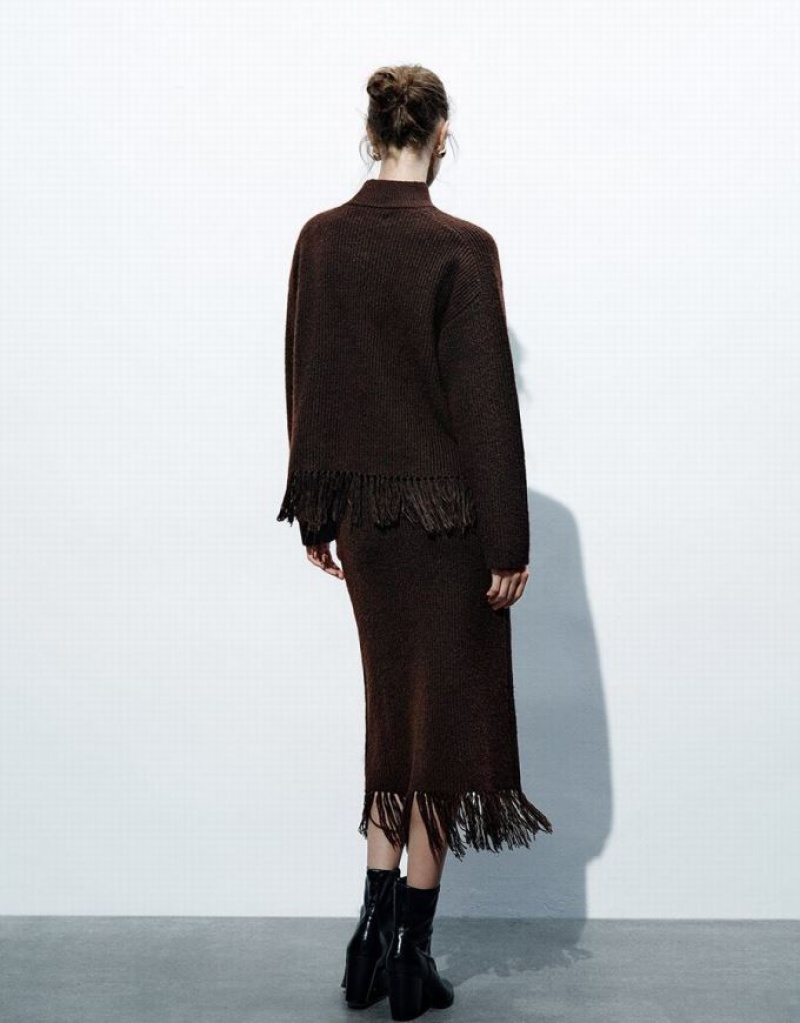 Urban Revivo Crew Neck Knitted With Tassel Women's Cardigan Dark Brown | NFOLZJX-92