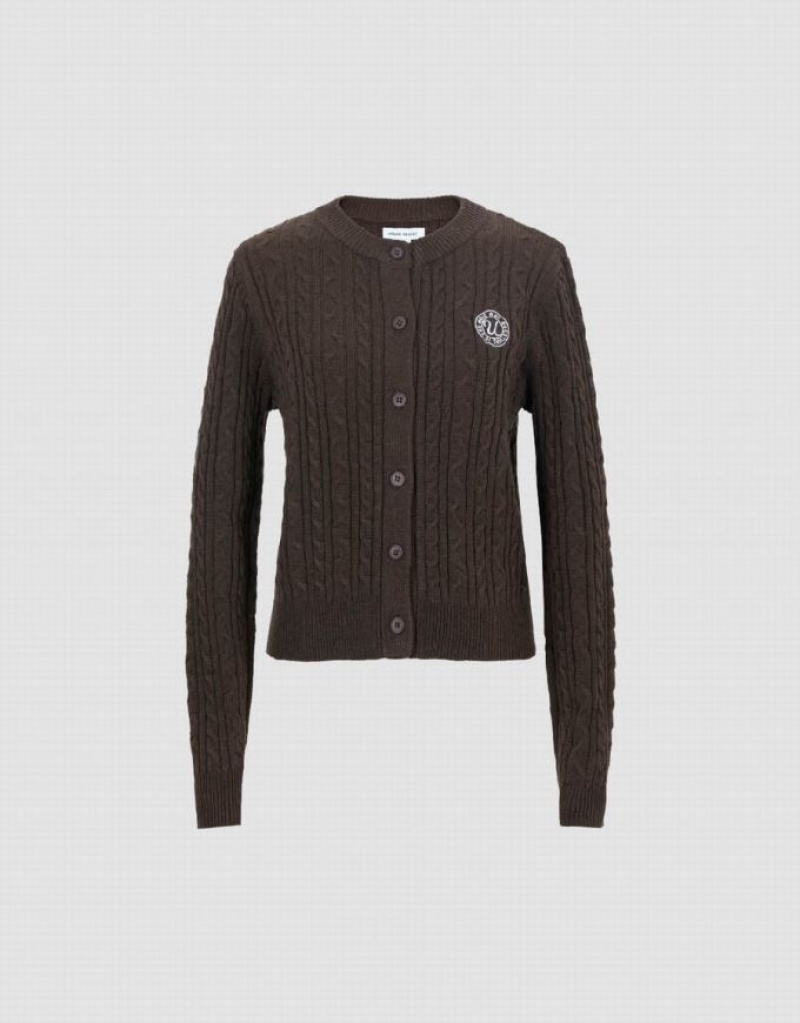 Urban Revivo Crew Neck Knitted Women's Cardigan Coffee | KHNPDLW-52