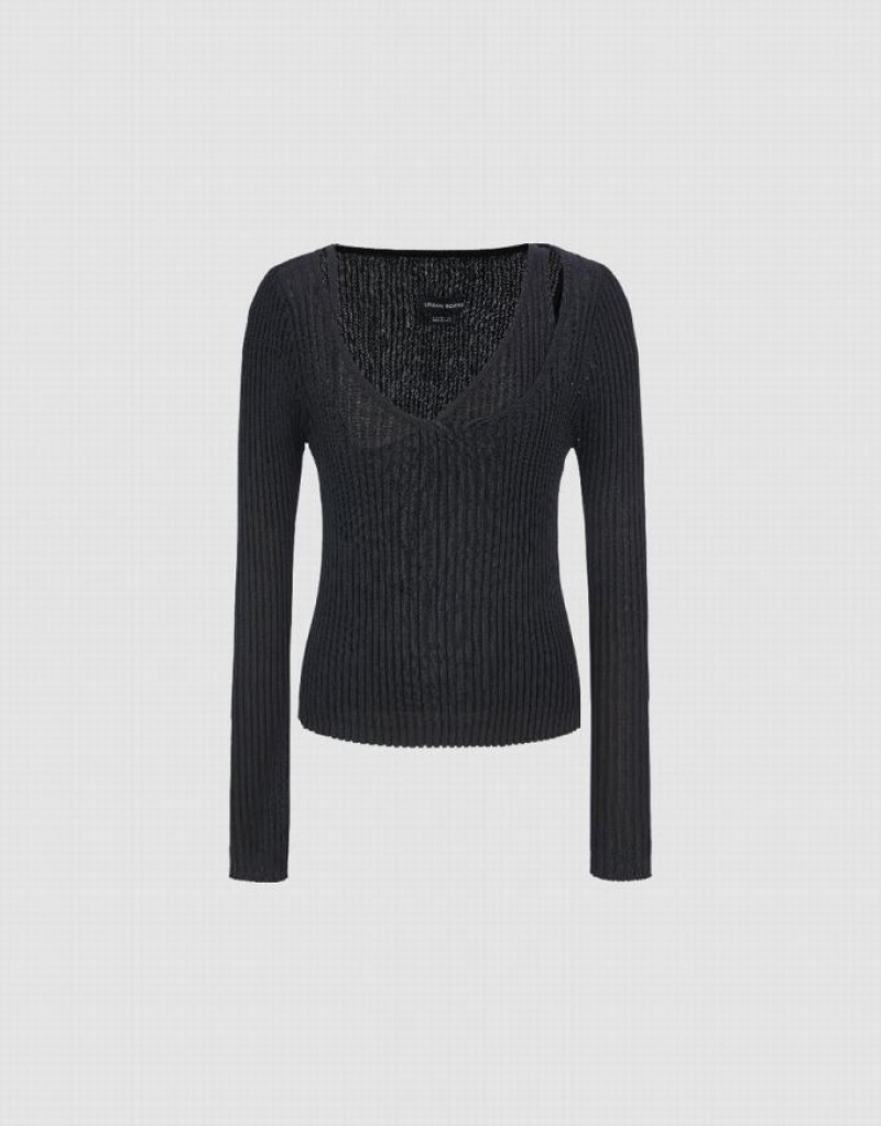 Urban Revivo Crew Neck Knitted Women's Cardigan Black | RHUPKCW-49