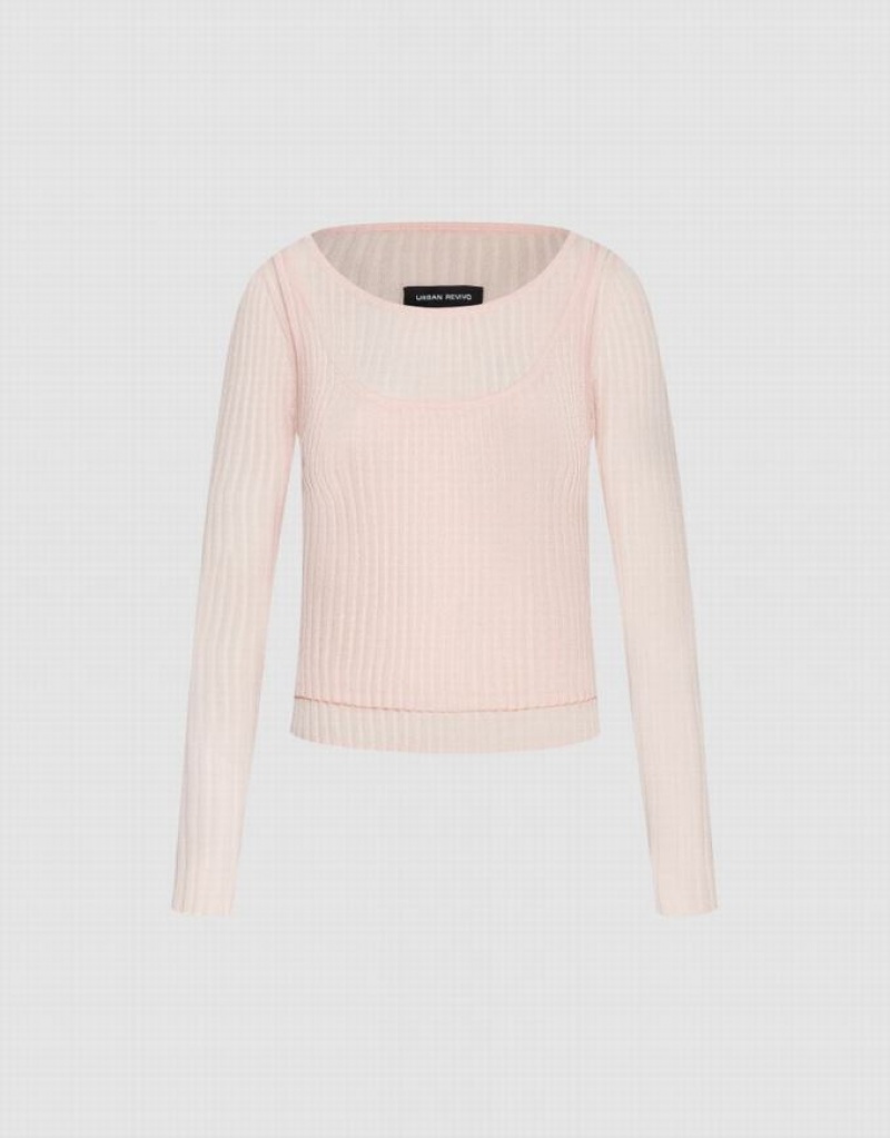 Urban Revivo Crew Neck Knitted Women's Cardigan Pink | NJABHXC-12