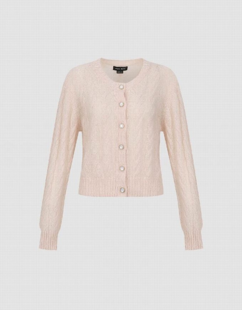 Urban Revivo Crew Neck Knitted Women's Cardigan Pink | HGNLRKJ-24