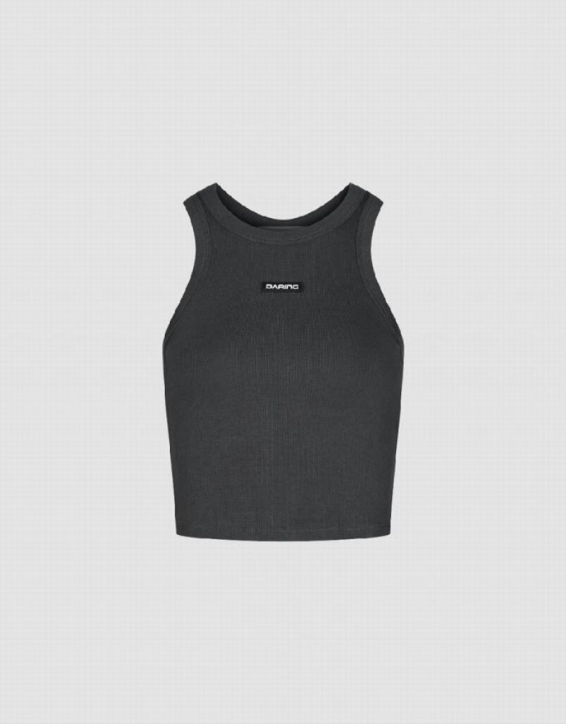 Urban Revivo Crew Neck Knitted Women's Tank Top Dark Grey | NJQFLVP-62