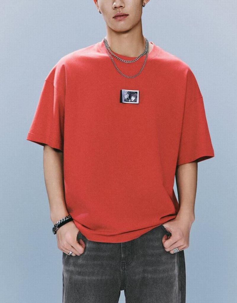 Urban Revivo Crew Neck Loose Men's T-Shirts Red | RYTMBKJ-90