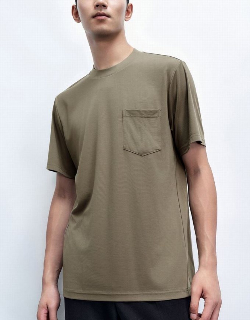 Urban Revivo Crew Neck Loose Men's T-Shirts Khaki | NQAMRWI-24