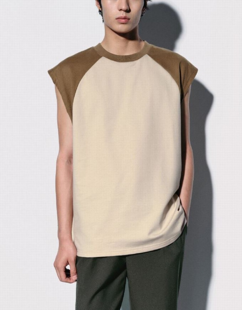 Urban Revivo Crew Neck Loose Men's Tank Top Light Khaki | LSOGWMK-03