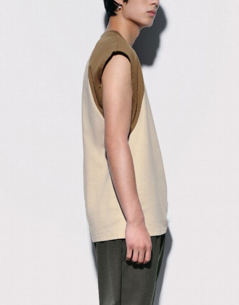 Urban Revivo Crew Neck Loose Men's Tank Top Light Khaki | LSOGWMK-03